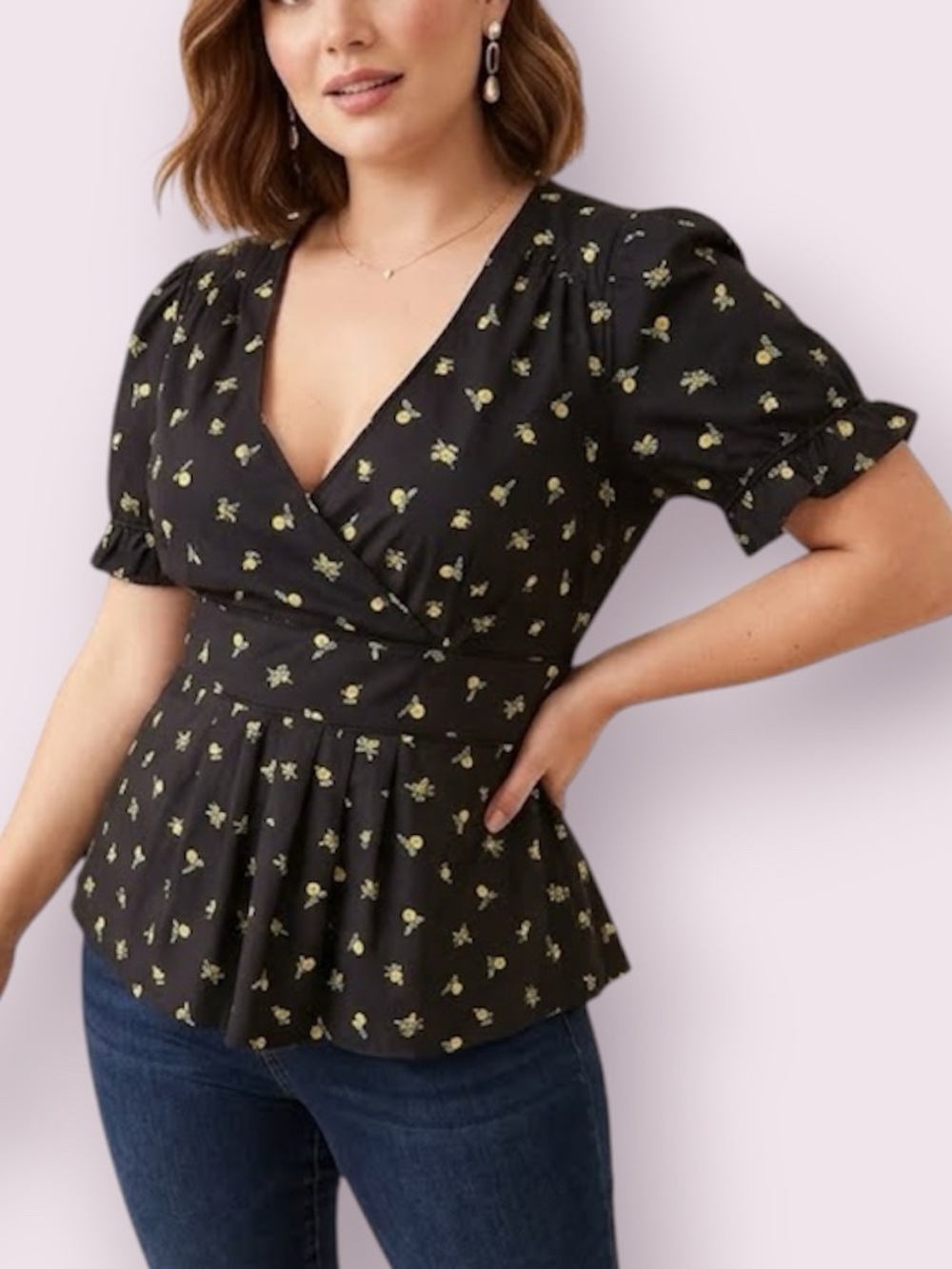 Anthropologie Odille Lemon Print Top Black & Yellow Size 4
